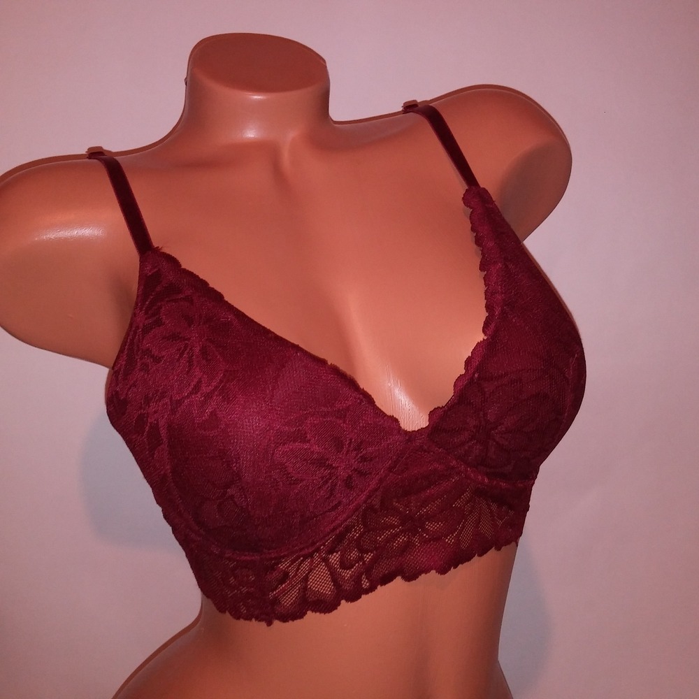 Victoria Secret PINK Bralette Bra Medium Push Up Burgundy Allover Lace Wireless